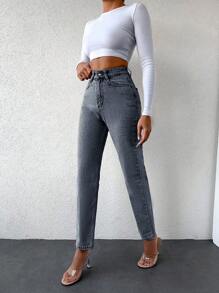 SHEIN Cottnline Women's Tapered Jeans ,Petite Women - Grey - View 4