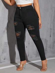 SHEIN SXY Women's Plus Size Distressed Skinny Jeans - Black - View 4