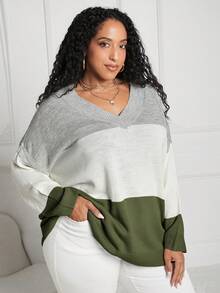 SHEIN CURVE+ Plus Size V-neck Color Block Sweater - Green - View 3