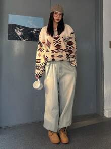 DAZY 女士半拉链几何图案泰迪绒连帽衫，长袖上衣，秋季女装，保暖内衬卫衣