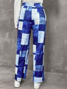 SHEIN LUNE Patchwork Print Elastic Waist Pants - Blue - View 2