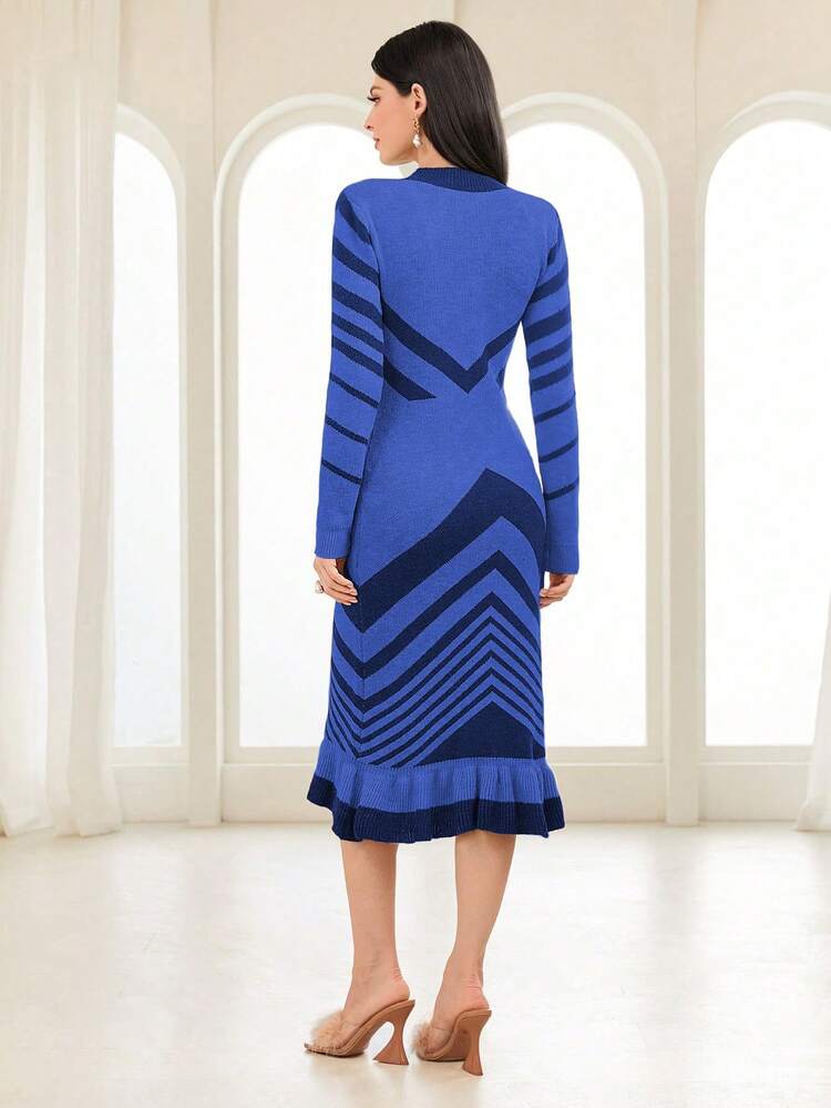 Women's Striped Ruffle Hem Sweater Dress