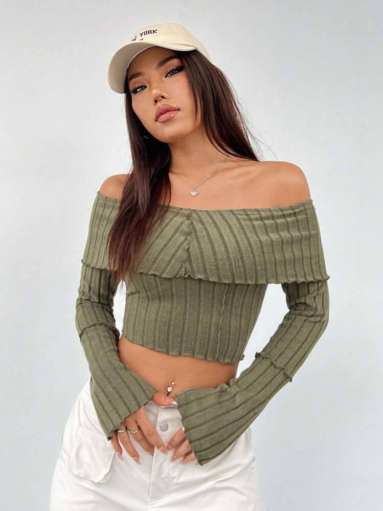 SHEIN EZwear Camiseta De Mujer Con Hombros Descubiertos De Punto Verde De Moda - Verde militar - Ver 6