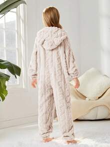 SHEIN 女孩針織純色提花絨毛連帽寬鬆連身衣,適用於家居穿著