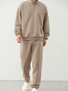 DAZY Long Sleeve Pullover And Pants Men's 2-Pcs Outfit Quarter Zip Men - Khaki - View 8