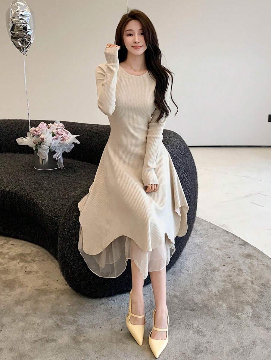 DAZY 女用不對稱下擺修身毛衣洋裝 - 杏色 - 查看 1