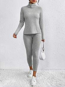 SHEIN Essnce 2pcs/set Solid Ribbed Turtleneck T-shirt And Leggings - Light Grey - View 3