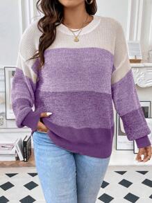SHEIN Franclia 女款大尺碼撞色圓領落肩毛衣 - 淡紫色 - 查看 1