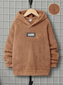 SHEIN Cậu bé Tween Giải trí Vá chữ cái Dây rút áo có mũ Lỏng lẻo phù hợp Áo nỉ - Màu Khaki - Xem 1