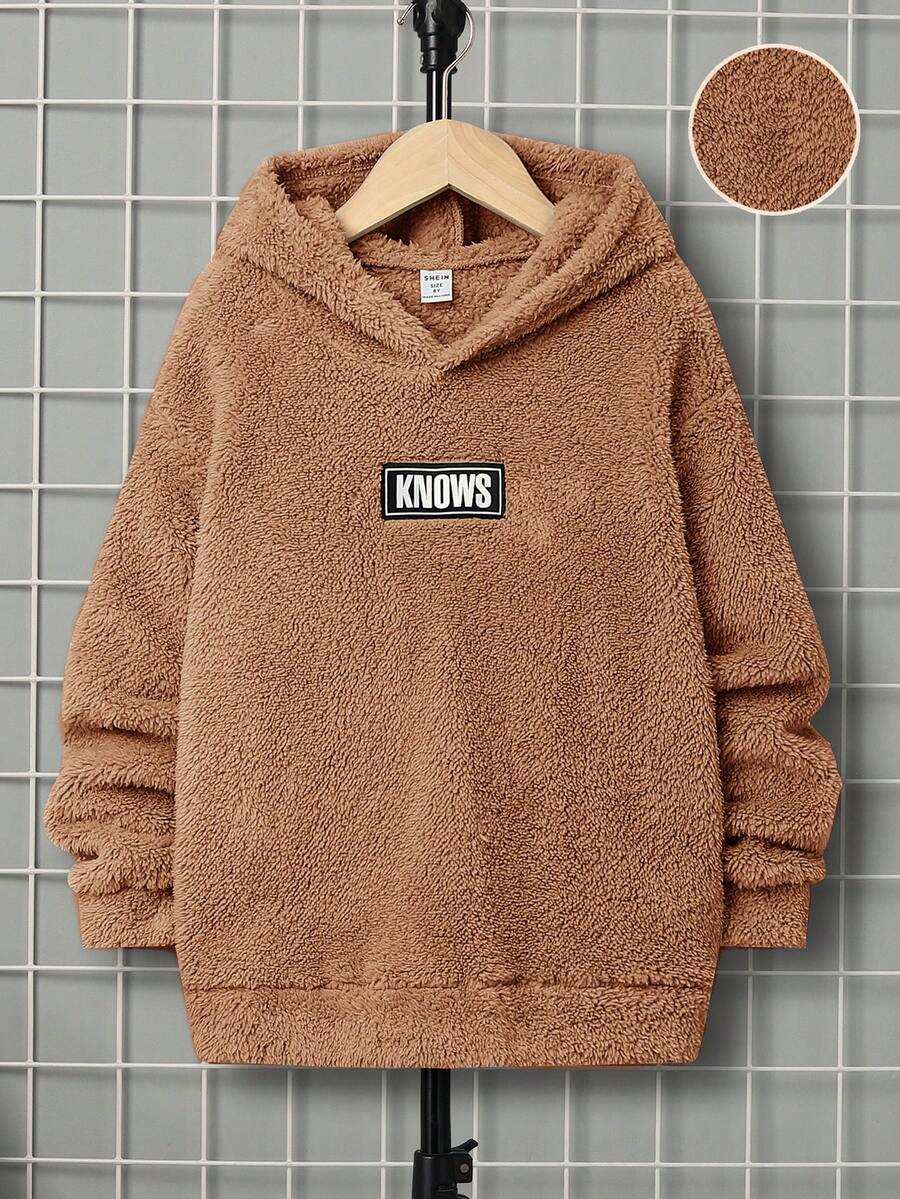 SHEIN Cậu bé Tween Giải trí Vá chữ cái Dây rút áo có mũ Lỏng lẻo phù hợp Áo nỉ - Màu Khaki - Xem 1