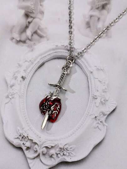 Goth Gothic Style Skull Head Sword & Heart Shaped Pendant Necklace, Halloween