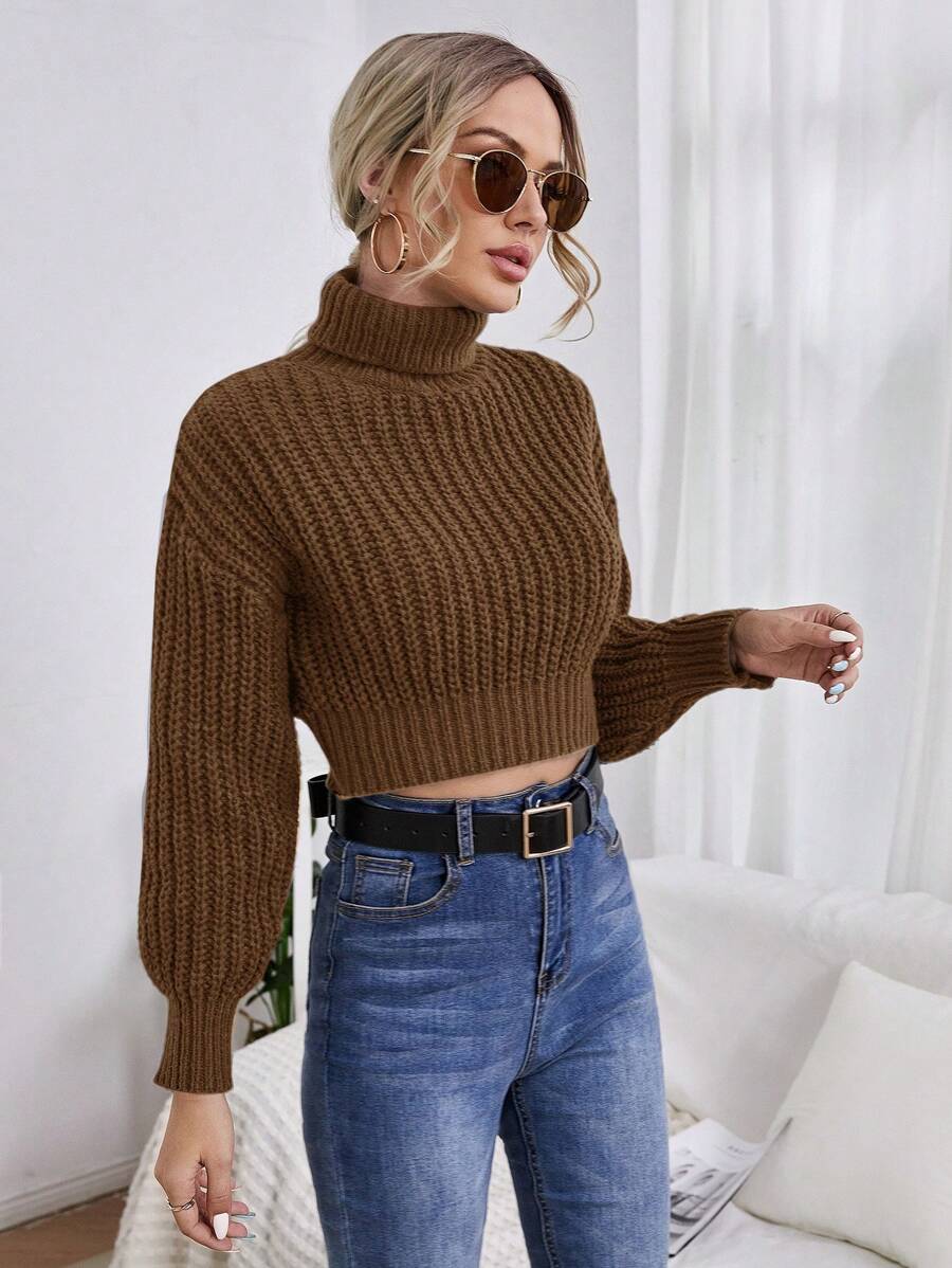 EURMUSE Turtleneck Drop Shoulder Crop Sweater - Camel - View 1