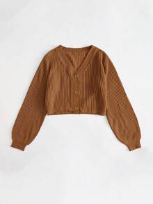 EURMUSE Solid Button Front Ribbed Knit Cardigan - Brown - View 4