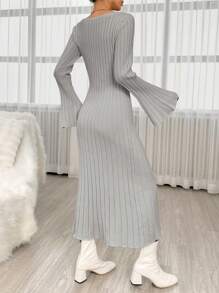 SHEIN Privé Women's V-neck Flared Sleeve Sweater Dress - Grey - View 2