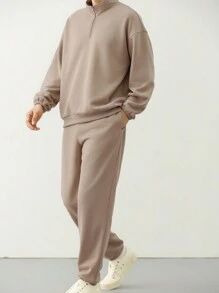 DAZY Long Sleeve Pullover And Pants Men's 2-Pcs Outfit Quarter Zip Men - Khaki - View 5