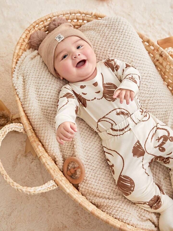 SHEIN 2pcs Set Newborn Baby Boys/Girls Casual Funny Crayon Line Cartoon Bear Print Long Sleeve Romper And Pants Fall Outfit, Comfortable Fabric Suitable For Daily Wear, Mom's Pick