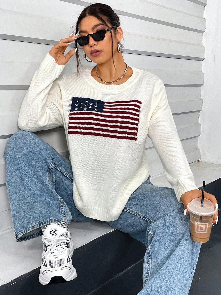 Flirla Jersey De Talla Grande Con Patrón De Bandera - Albaricoque - Ver 1