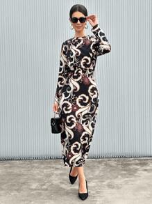 GENKIRA Vestido Largo Con Cuello Barco Plisado, Estampado Con Mangas Largas Y Abertura Trasera - Negro - Ver 3