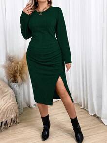 SHEIN Franclia 女款純色簡約款開叉連衣裙 - 墨綠色 - 查看 6