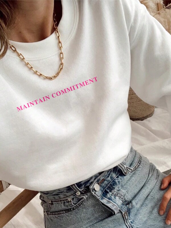Women's Autumn And Winter MAINTAIN COMMITMENT Slogan Graphic Long Sleeved Crew Neck Sweatshirt ,Casual Loose And Versatile Holiday Style Tops,Fashionable Fall Women Clothes Suitable For Daily Wear