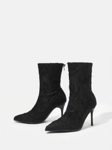 1pair Back Zipper High-heeled Fashionable Boots - Black - View 3