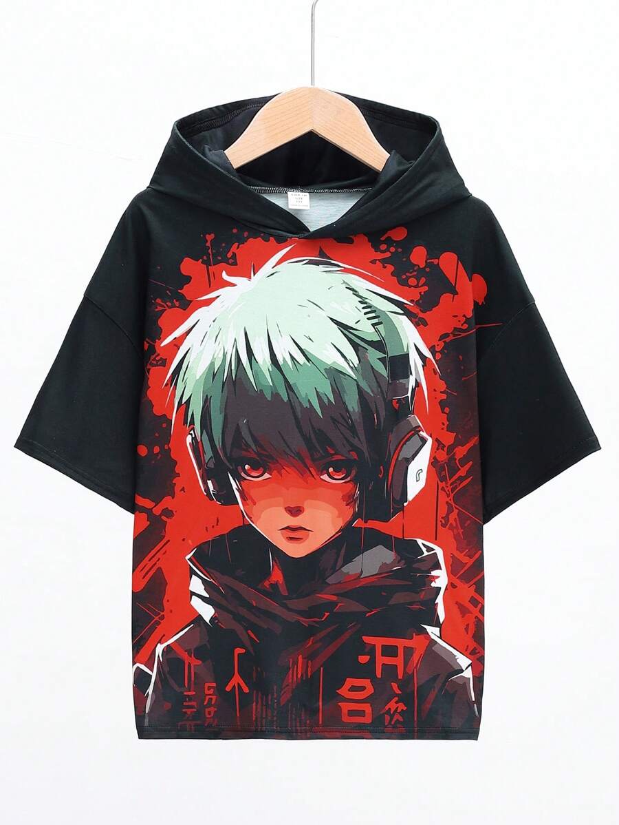 SHEIN 男童休閒連帽針織t恤,印有卡通圖案 - 黑色 - 查看 1