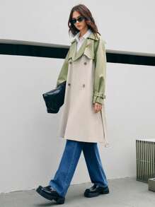 Anewsta 女款拼色翻領雙排扣風衣 - 杏色 - 查看 5