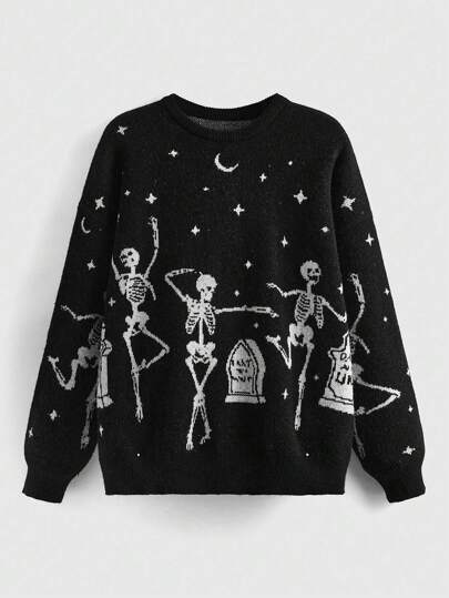 ROMWE Goth Suéter de cuello redondo con estampado de calavera, informal de manga larga holgada con hombros caídos, negro, para mujeres, para usar en otoño tardío, suéteres y tops de manga larga
