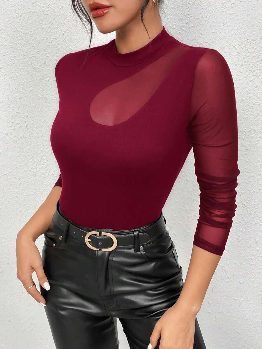 SHEIN Privé 女式純色網布t卹 - 酒紅色 - 查看 1