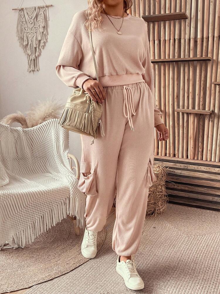 Women's Plus Size Solid Color Simple Two Piece Set