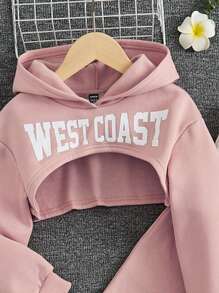 SHEIN EZwear Letter Graphic Super Crop Hoodie & Tank Top & Sweatpants