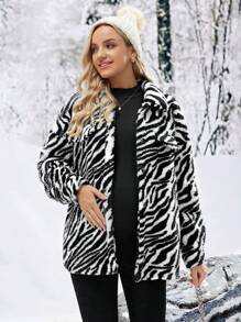 SHEIN 孕婦斑馬花紋毛絨大衣 - 黑與白 - 查看 9