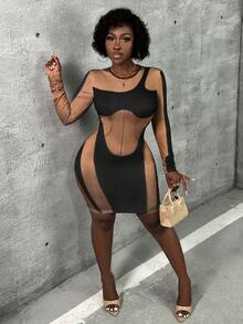 Slaydiva Color Block Bodycon Dress - Black - View 6