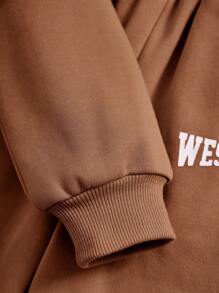 SHEIN Tween Girl 青少年纯色图案字母印花连帽短款运动衫搭配宽松宽裤羊毛加厚休闲套装 - 駝色 - 查看 4