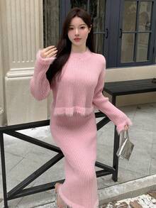 DAZY Patchwork Sweater And Knit Skirt Set - Dusty Pink - View 3