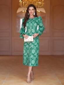 Modelyn Của phụ nữ Tay áo lồng đèn Đầm Với In hoa - màu xanh lá - Xem 3