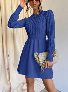 Cloudara Solid Color Cable Knit Sweater Dress - Blue - View 6