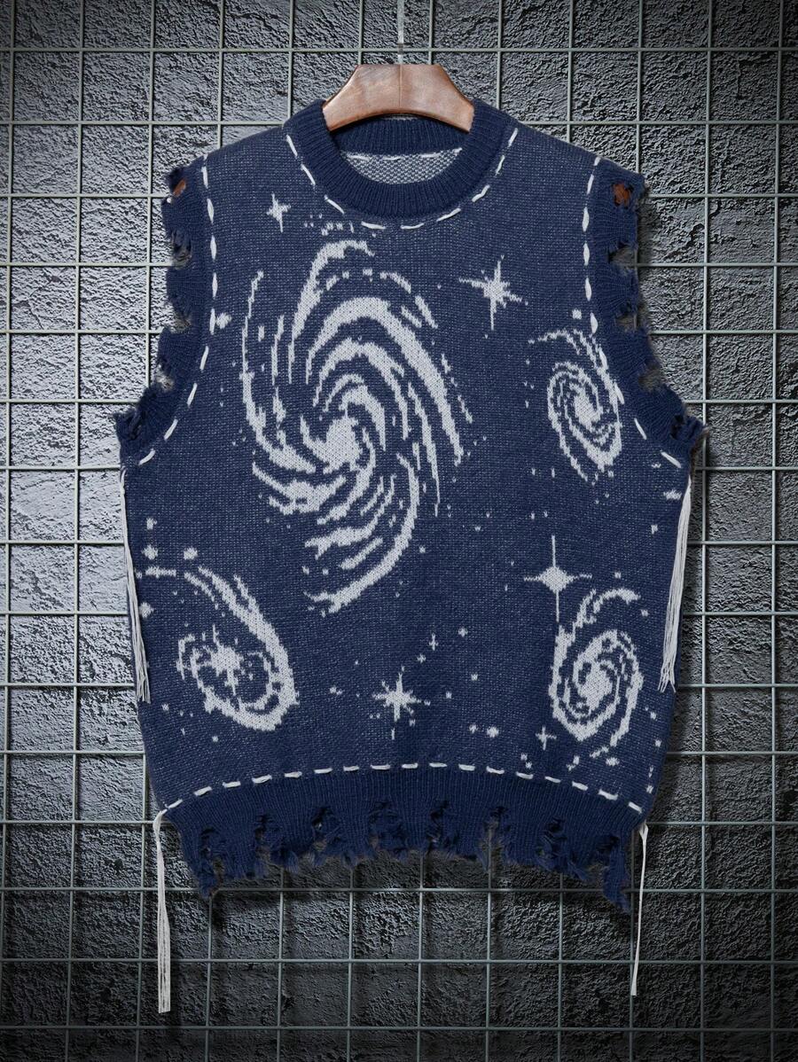 Manfinity Hypemode 男士復古漩渦圖案毛衣背心 - 寶藍色 - 查看 1