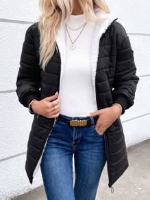 SHEIN Essnce 拉链毛绒衬里加厚棉服外套冬季 - 黑色 - 查看 6