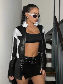 SHEIN ICON Viền kéo ra Hai tông màu Quần skinny Áo khoác - màu đen - Xem 1