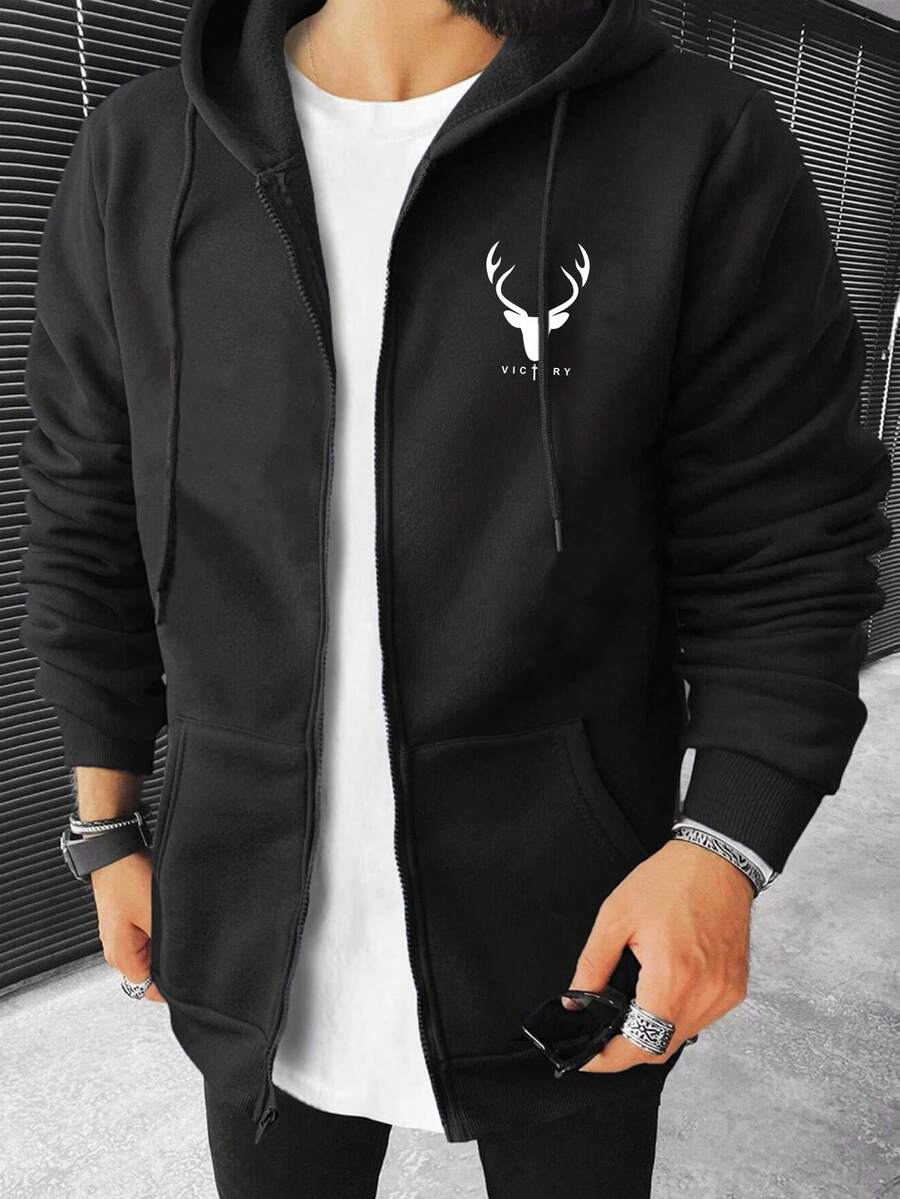 Manfinity Homme 男士加大號角紋印花連帽衫 - 黑色 - 查看 1