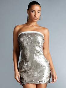 SHEIN BAE Women's Glitter Strapless Bodycon Dress - Silver - View 3