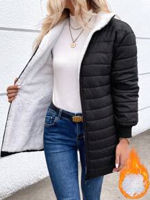 SHEIN Essnce 拉链毛绒衬里加厚棉服外套冬季 - 黑色 - 查看 1