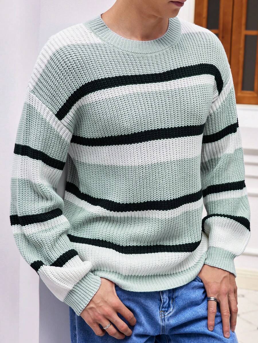 Manfinity Hypemode 1pc Men's Striped Sweater With Drop Shoulders - Green - View 1