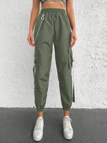 EURMUSE Elastic Waist Chain Detail Jogger Pants - Dark Green - View 6