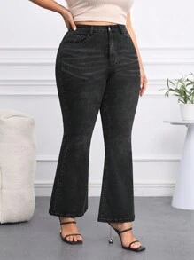 SHEIN Privé 大尺碼女式彈性喇叭牛仔褲 - 黑色 - 查看 6