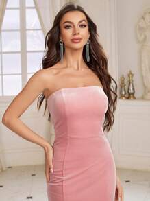 SHEIN Belle 純色修身魚尾無肩帶伴娘禮服(成人) - 粉色 - 查看 7