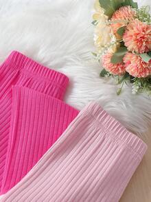 SHEIN Junior Girls' Knitted Patchwork Plush Combination Casual Leggings 2pcs/set - Pink - View 3