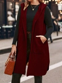 SHEIN LUNE 大碼單排扣連帽馬甲外套 - 酒紅色 - 查看 3