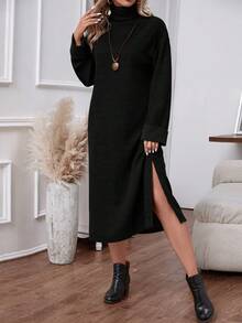 SHEIN LUNE Của phụ nữ Cổ cao Sọc Đầm Áo len - màu đen - Xem 4